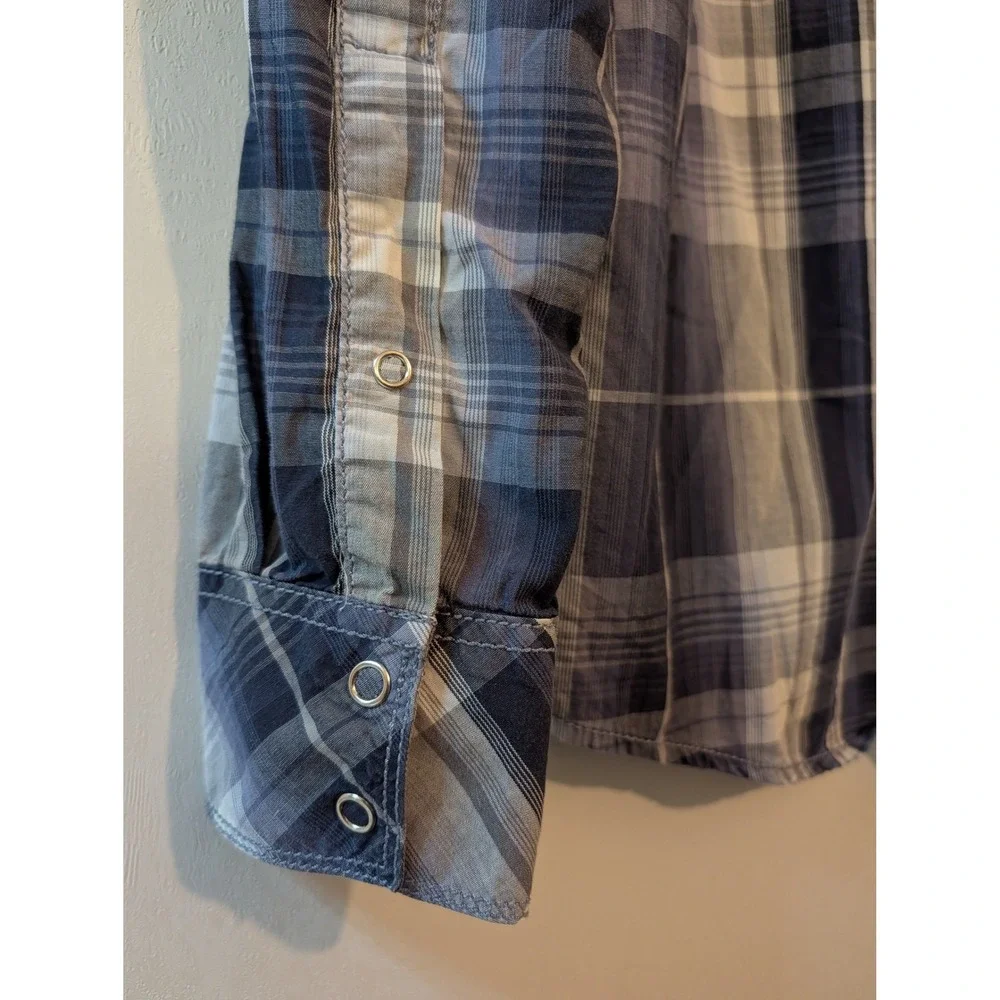 INC International Concepts Men Blue Plaid Snap Button Western Shirt Large Cotton